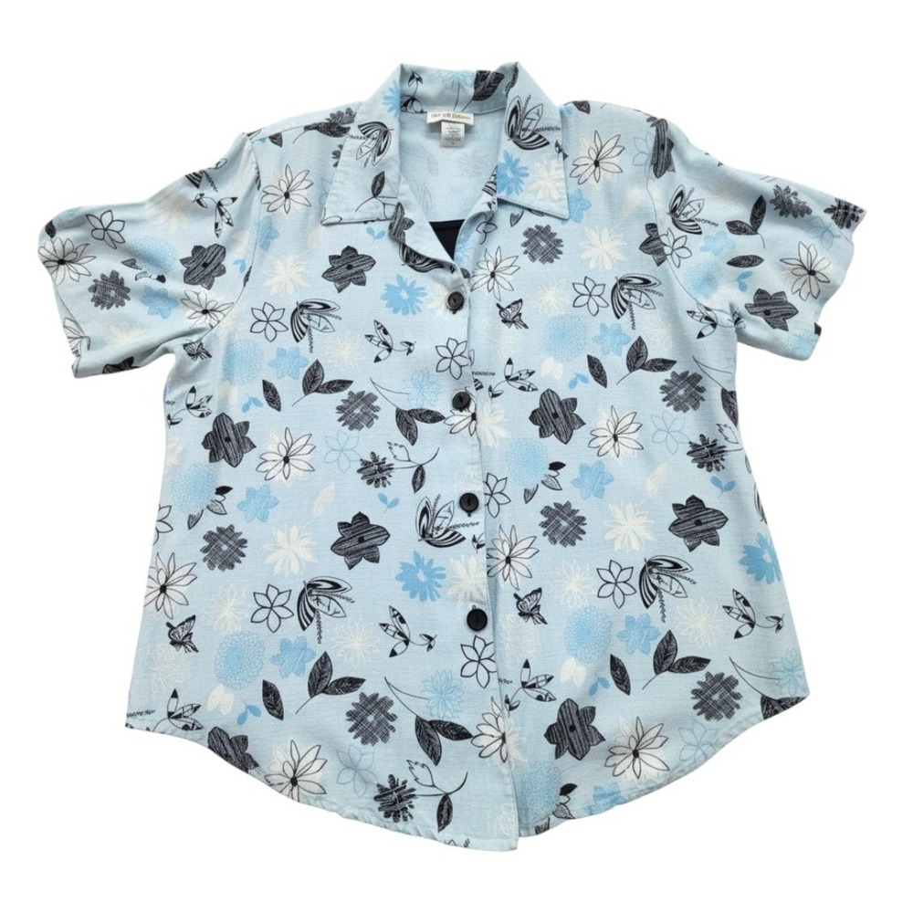 Vintage Woman Blouse Womens 2X Blue Floral‎ Butterfly Button Front Short Sleeve